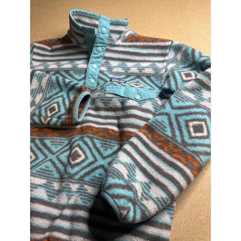 Patagonia Kids Synchilla Snap-T Fleece Pullover Teal Tribal Geometric Size M 10